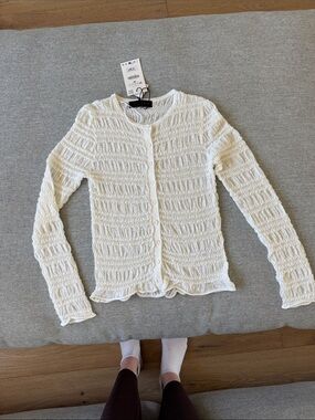 Zara White Button-Front Textured Knit Cardigan